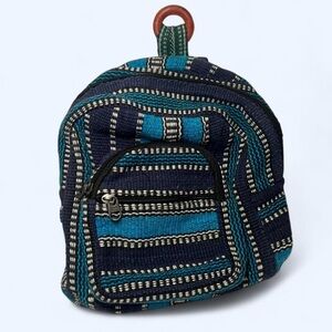 Handmade Woven Mini Backpack Navy Teal Striped Boho Festival Bag Wooden Ring